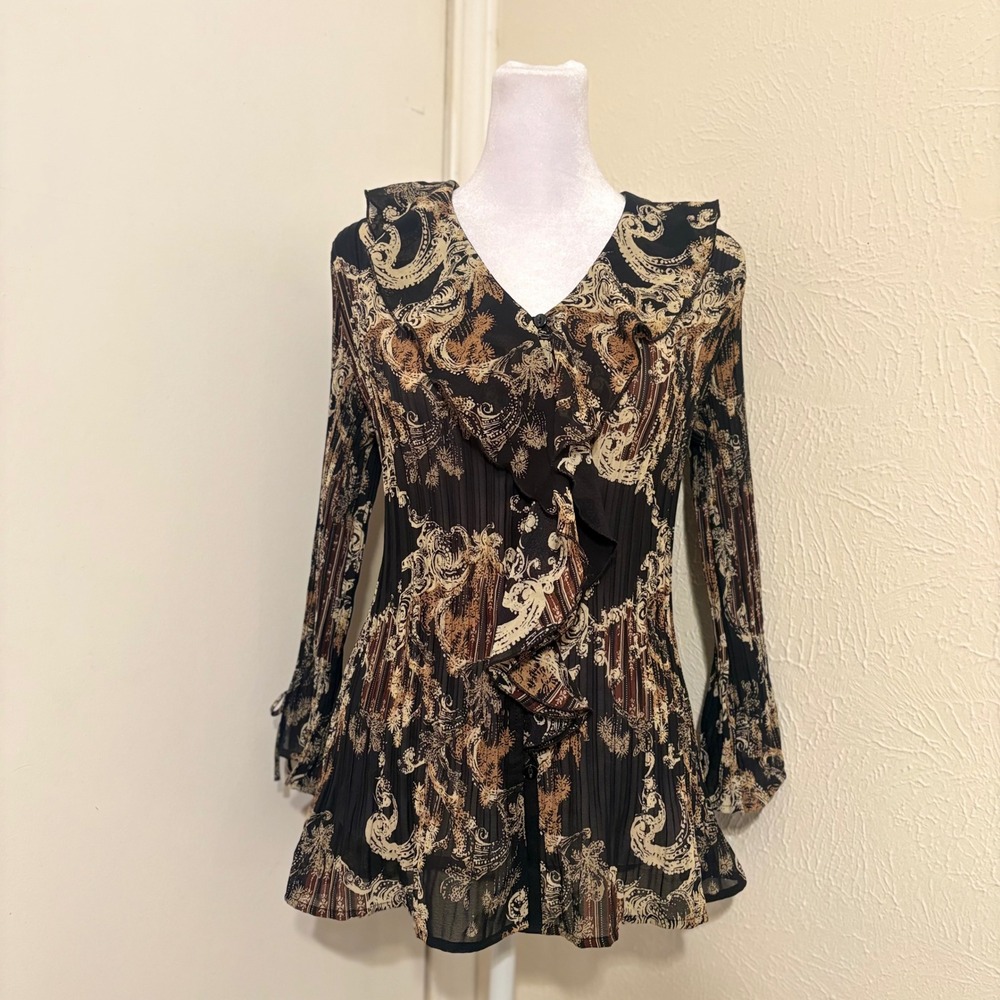 Brown Paisley Pleated Ruffle V-Neck Blouse Witchy Whimsigoth Boho Fairycore L